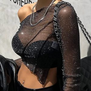 Sheer Mesh One-Shoulder Crop Top Tee - Y2K Streetwear Lace Black T-Shirt for Women