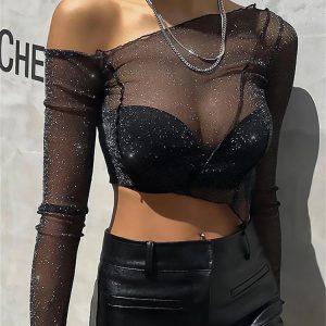 Sheer Mesh One-Shoulder Crop Top Tee - Y2K Streetwear Lace Black T-Shirt for Women