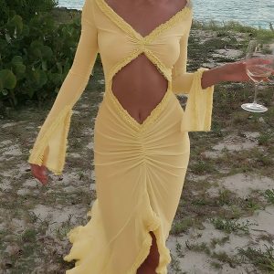 Sheer Ruffle Trim Ruched Cutout Maxi Dress - Y2K Aesthetic Fashion Statement Piece