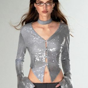 Shining Silver V Neck Flare Sleeve Top for Women - Y2K Fashion Party Clubwear Cardigan 2023