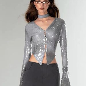 Shining Silver V Neck Flare Sleeve Top for Women - Y2K Fashion Party Clubwear Cardigan 2023