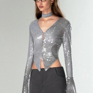 Shining Silver V Neck Flare Sleeve Top for Women - Y2K Fashion Party Clubwear Cardigan 2023