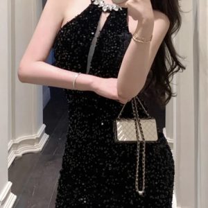 Shiny Rhinestone Halter Mini Dress for Women - Sleeveless Sequins Hollow Out Summer Party Wear