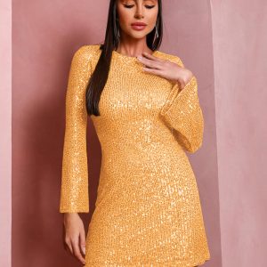 Shiny Sequin Bell Sleeve Dress - Trendy Casual Fashion for Y2K and Coquette Aesthetic