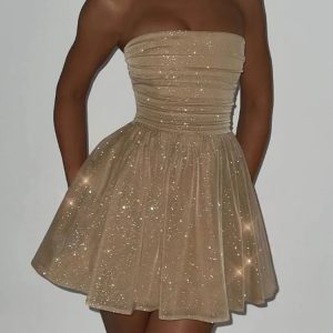 Shiny Sequins Off-Shoulder Mini Dress with Ruffles and Bow for Y2K Party Aesthetic