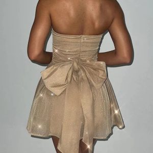 Shiny Sequins Off-Shoulder Mini Dress with Ruffles and Bow for Y2K Party Aesthetic