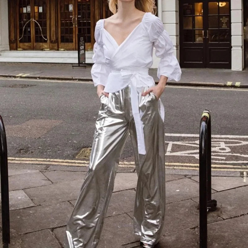 Shiny Silver High Waist PU Pants for Women - Trendy Loose Party Streetwear Bottoms 2023