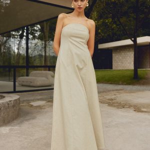 Shirred Pocket Long Dress in Cotton & Linen - Effortless Y2K Aesthetic Style