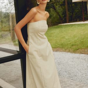 Shirred Pocket Long Dress in Cotton & Linen - Effortless Y2K Aesthetic Style