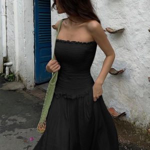 Shirred Tube Long Dress in Cotton Blend - Y2K Aesthetic Fashion Essential