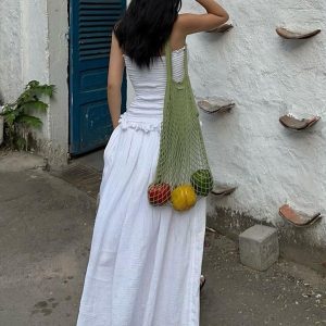 Shirred Tube Long Dress in Cotton Blend - Y2K Aesthetic Fashion Essential