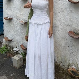 Shirred Tube Long Dress in Cotton Blend - Y2K Aesthetic Fashion Essential