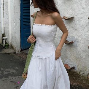 Shirred Tube Long Dress in Cotton Blend - Y2K Aesthetic Fashion Essential