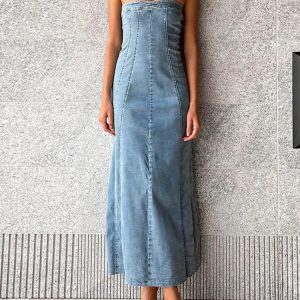 Side Slit Denim Bodycon Dress - Slim Sleeveless Maxi for Y2K Aesthetic Streetwear Fall 2023