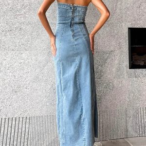 Side Slit Denim Bodycon Dress - Slim Sleeveless Maxi for Y2K Aesthetic Streetwear Fall 2023