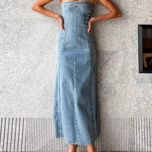 Side Slit Denim Bodycon Dress - Slim Sleeveless Maxi for Y2K Aesthetic Streetwear Fall 2023