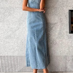 Side Slit Denim Bodycon Dress - Slim Sleeveless Maxi for Y2K Aesthetic Streetwear Fall 2023