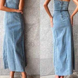 Side Slit Denim Bodycon Dress - Slim Sleeveless Maxi for Y2K Aesthetic Streetwear Fall 2023