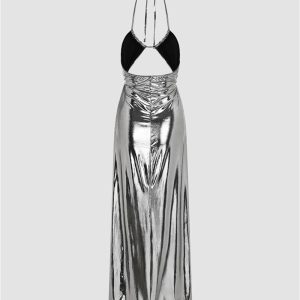 Silver Metallic Y2K Party Dress with Side Split - Glamorous Night Out Style