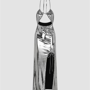 Silver Metallic Y2K Party Dress with Side Split - Glamorous Night Out Style