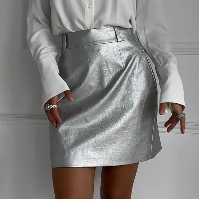 Silver PU Bodycon Skirt for Women - High Waist Elegant Sheath Design, Y2K Fashion Essential