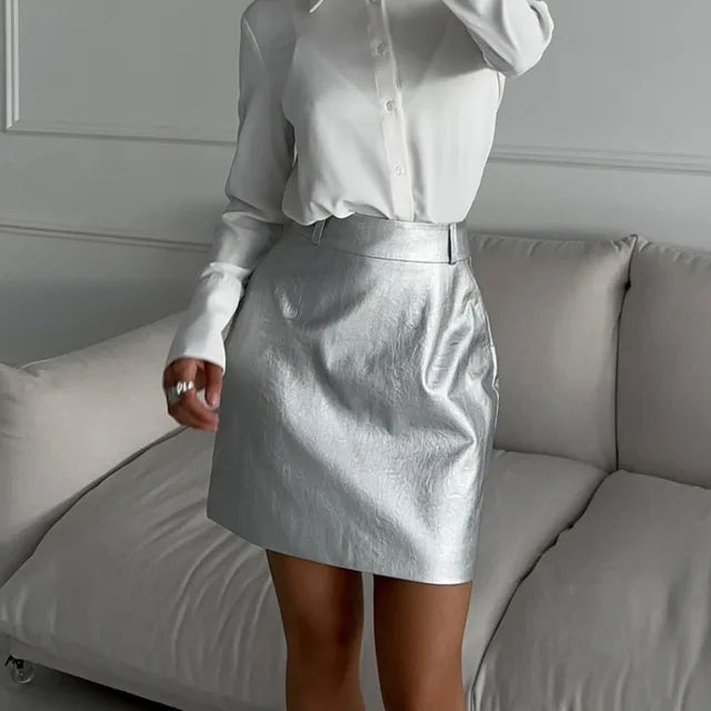 Silver PU Bodycon Skirt for Women - High Waist Elegant Sheath Design, Y2K Fashion Essential