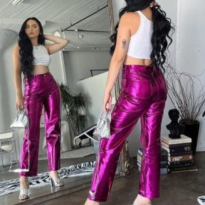 Silver PU High Waist Bodycon Pants - Y2K Fashion Slim Long Trousers for Party & Street Style