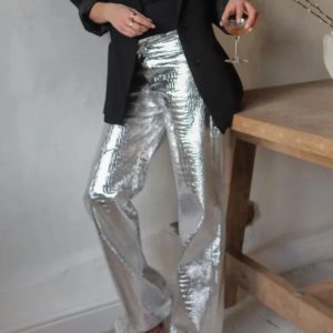 Silver PU High Waist Loose Straight Trousers for Women - Y2K Party Fashion Pants 2023