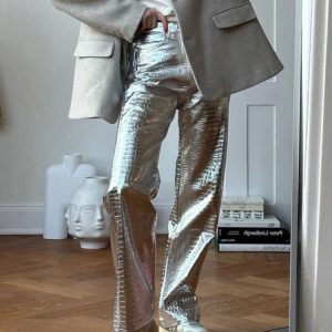 Silver PU High Waist Loose Straight Trousers for Women - Y2K Party Fashion Pants 2023