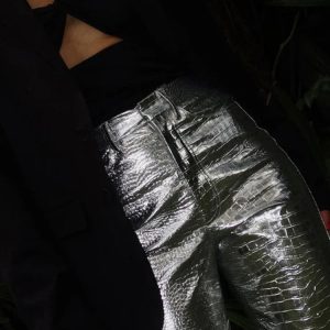 Silver PU High Waist Loose Straight Trousers for Women - Y2K Party Fashion Pants 2023