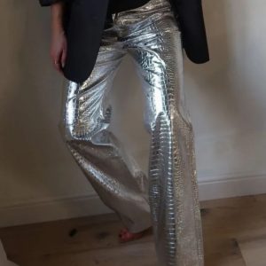 Silver PU High Waist Loose Straight Trousers for Women - Y2K Party Fashion Pants 2023