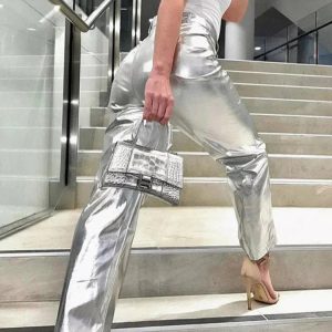 Silver Y2K High Waist Loose Wide Leg Pants for Women - Trendy Clubwear & Streetwear