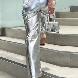 Silver Y2K High Waist Loose Wide Leg Pants for Women - Trendy Clubwear & Streetwear