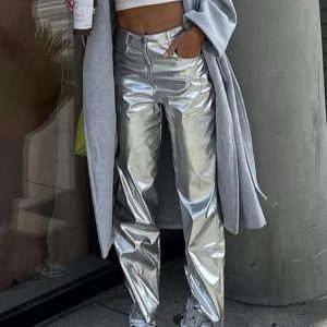 Silver Y2K High Waist Loose Wide Leg Pants for Women - Trendy Clubwear & Streetwear