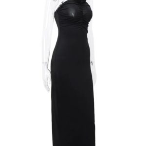 Slim Black Flower Bodycon Maxi Dress - Women's Sexy Backless Sundress for Party Aesthetic