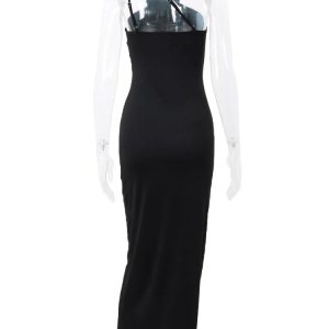 Slim Black Flower Bodycon Maxi Dress - Women's Sexy Backless Sundress for Party Aesthetic