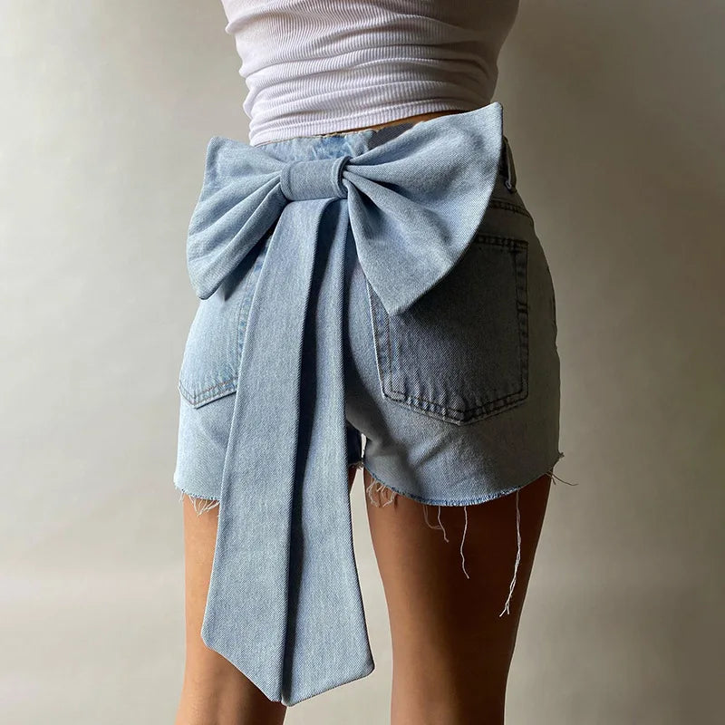 Slim Fit High Waisted Denim Shorts with Big Bow - Y2K Fashion Patchwork Summer Style for Women