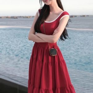 Slim Retro Y2K Aesthetic Maxi Dress for Women - Short Sleeve High Waist Elegant Evening Wear