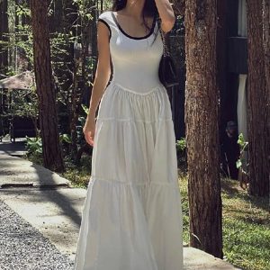 Slim Retro Y2K Aesthetic Maxi Dress for Women - Short Sleeve High Waist Elegant Evening Wear