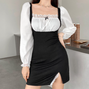 Slim Wrinkled Lace Coquette Dress - Y2K Aesthetic Fashion for a Cute and Elegant Look