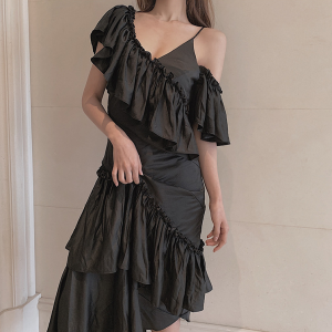 Sling Ruffled Off-Shoulder Dress in Y2K Style - Cute and Comfy for Aesthetic Outfits