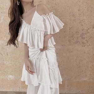 Sling Ruffled Off-Shoulder Dress in Y2K Style - Cute and Comfy for Aesthetic Outfits