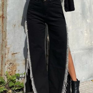 Slit Chain Rhinestone Y2K Cargo Jeans for Women - Loose Casual Black Baggy Streetwear 2023