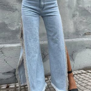 Slit Chain Rhinestone Y2K Cargo Jeans for Women - Loose Casual Black Baggy Streetwear 2023