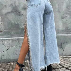 Slit Chain Rhinestone Y2K Cargo Jeans for Women - Loose Casual Black Baggy Streetwear 2023