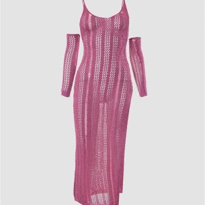 Slit Hem Knitted Maxi Dress with Sleeves - Y2K Aesthetic Fashion for Effortless Style