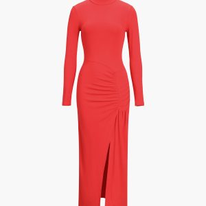 Slit Pleated Long Sleeve Bodycon Mock Neck Dress - Y2K Aesthetic Fashion Statement