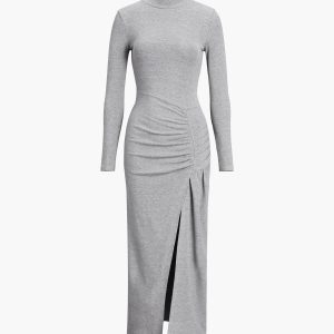 Slit Pleated Long Sleeve Bodycon Mock Neck Dress - Y2K Aesthetic Fashion Statement