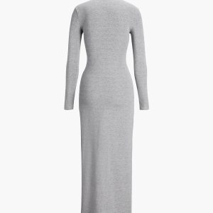 Slit Pleated Long Sleeve Bodycon Mock Neck Dress - Y2K Aesthetic Fashion Statement