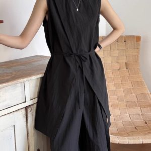 Slit Vest Shirt with High Waist Tie Wide Leg Pants - Y2K Aesthetic Outfit for Trendy Looks